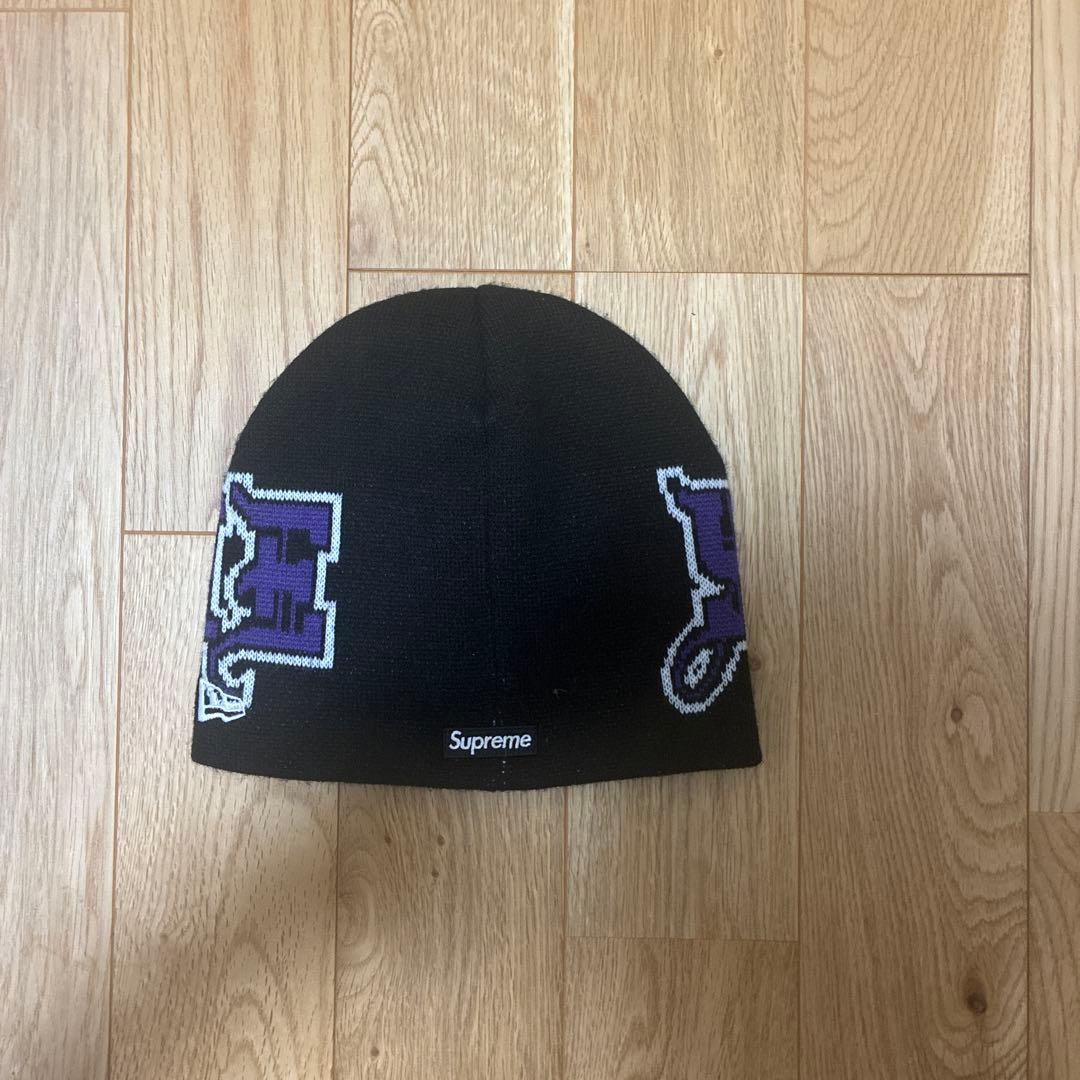 Supreme 黒紫 ロゴ刺繍 ニット帽