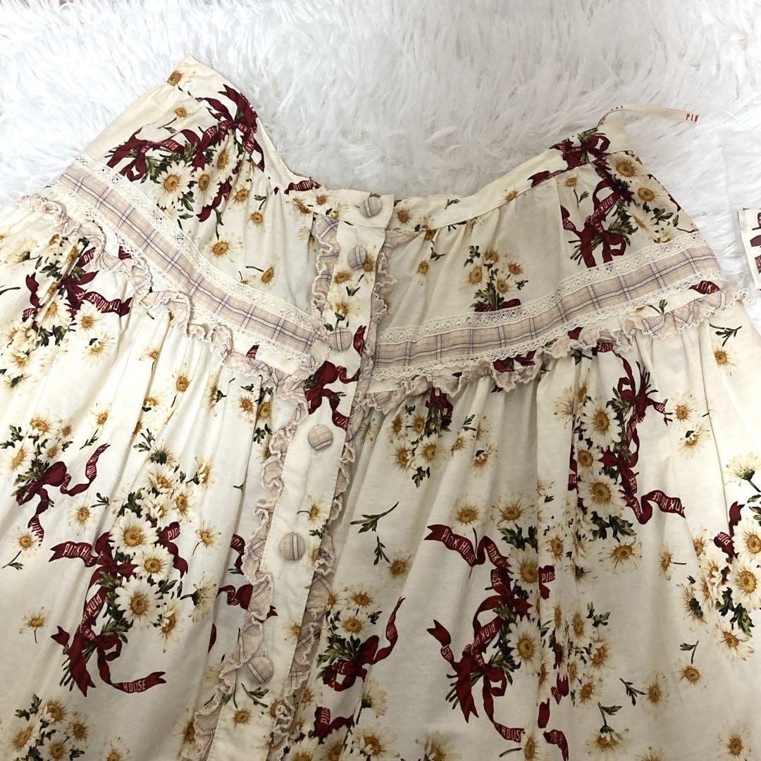 未使用級 ピンクハウス ロング フレア フリル 花柄 リボン レース スカート