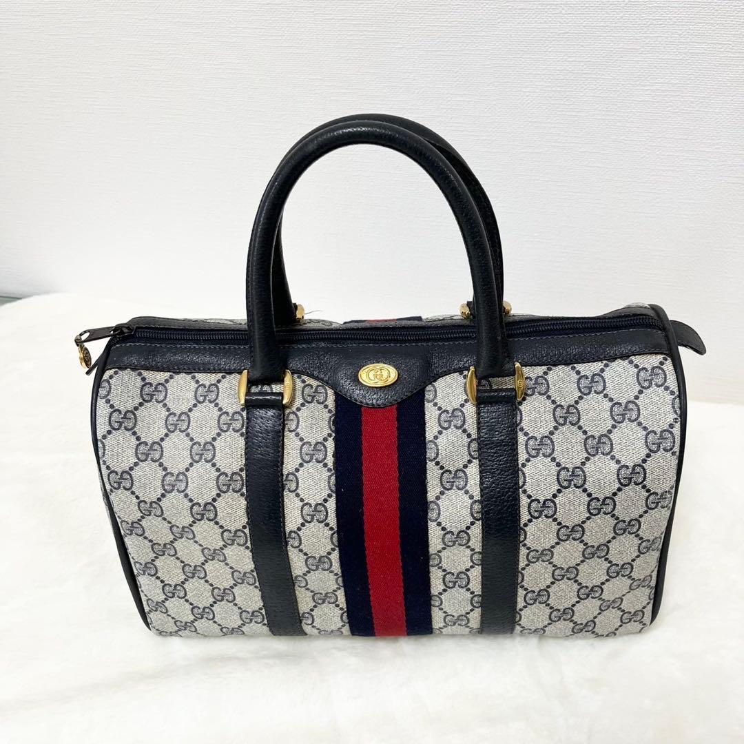 GUCCI MINIボストンバッグ ベージュ/ネイビー/レッド