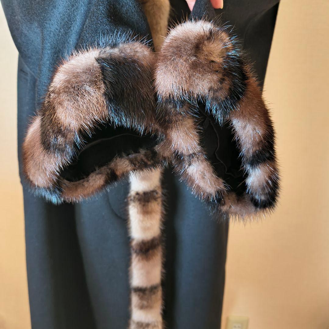 Dazur 毛皮の襟付き 黒 ロングコート F カシミヤ100% ミンク