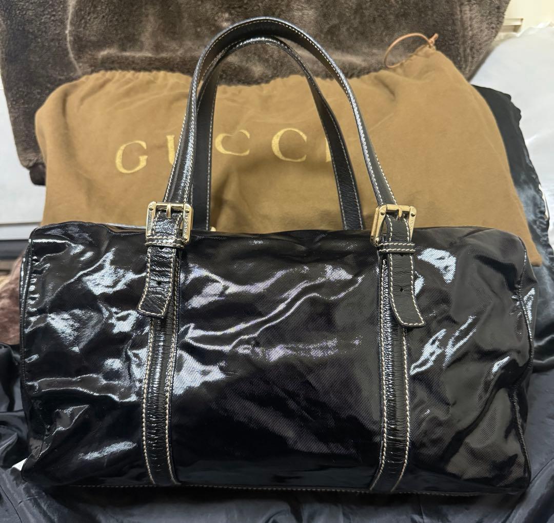 美品 GUCCI ブラック ボストンバッグ レザー インターロッキング