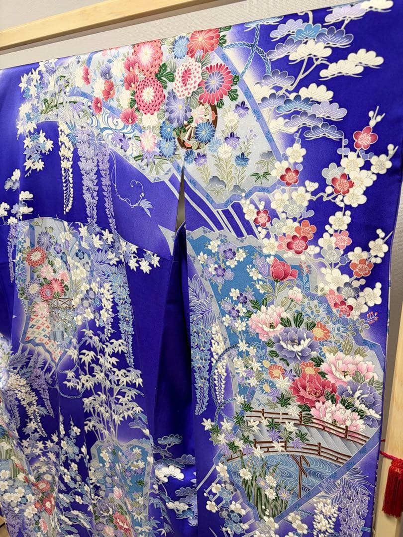 A5 ◆着物くつろぎ 花々模様 青紫色系 正絹 袷 振袖 着物 K10