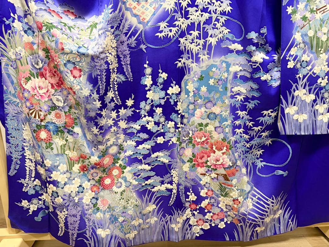 A5 ◆着物くつろぎ 花々模様 青紫色系 正絹 袷 振袖 着物 K10