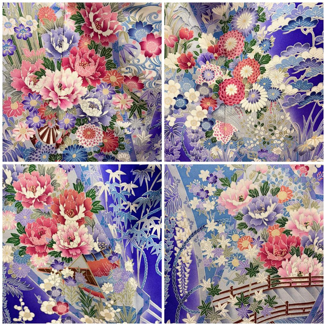 A5 ◆着物くつろぎ 花々模様 青紫色系 正絹 袷 振袖 着物 K10