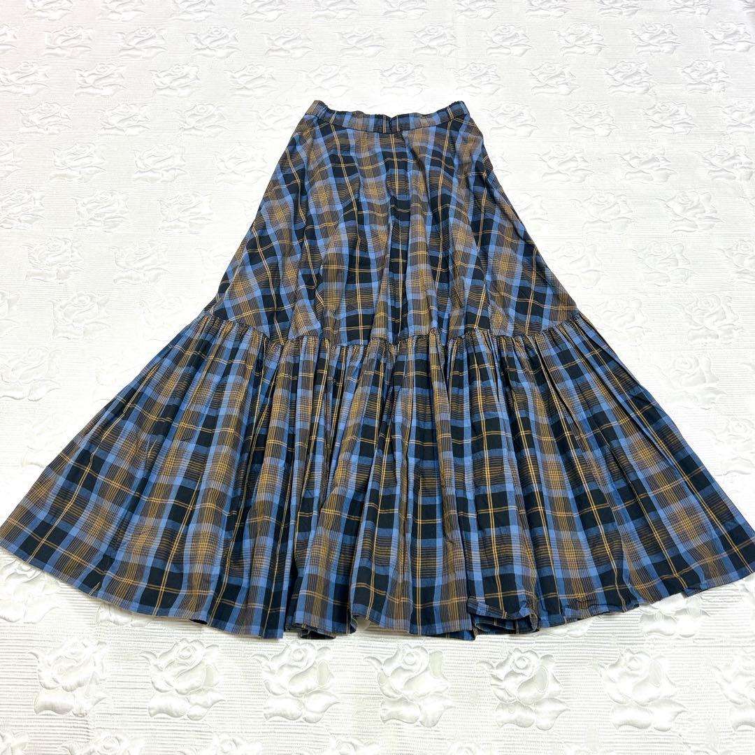 美品❤︎カレンソロジー チェックティアードスカート マキシ丈 洗える ブルー 36