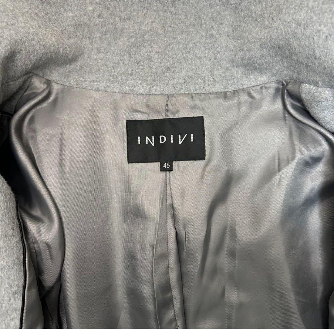 INDIVI カシミヤ混 ウールロングコート 46 ライトグレー 比翼3L 4L