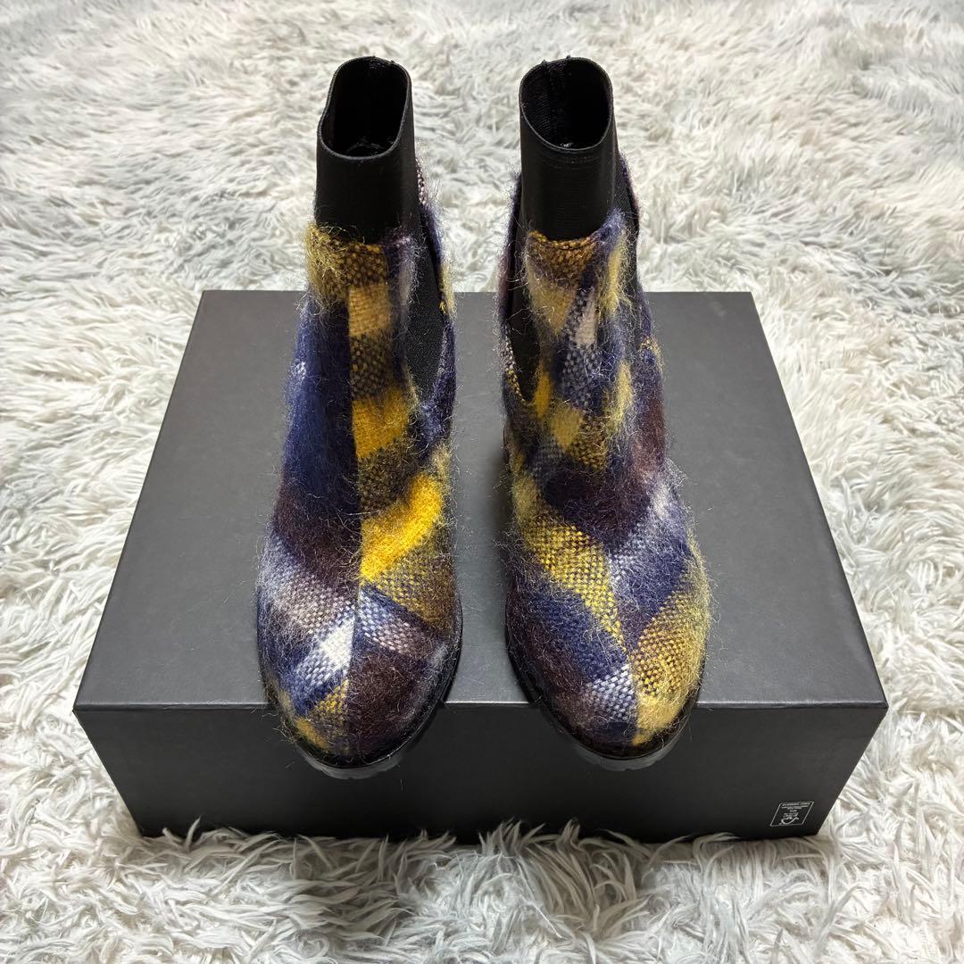【ほぼ未使用】sacai ニット チェック ヒールブーツ〈定価97,900円〉