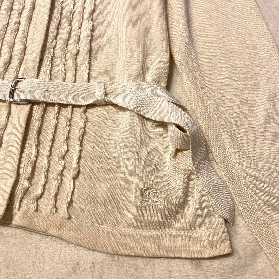 バーバリー シルク100% ロゴ 刺繍 カーディガン ベルト フリンジ 生成り