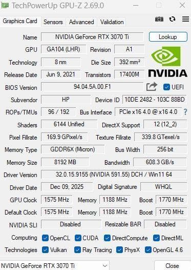 「動作確認済み」OMEN HP NVIDIA GeForce RTX3070ti