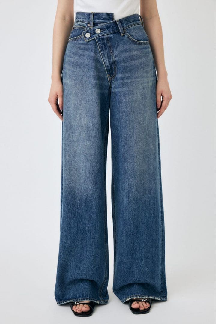 【新品】moussyCROSSWAIST ワイド ストレートデニム0ダークブルー