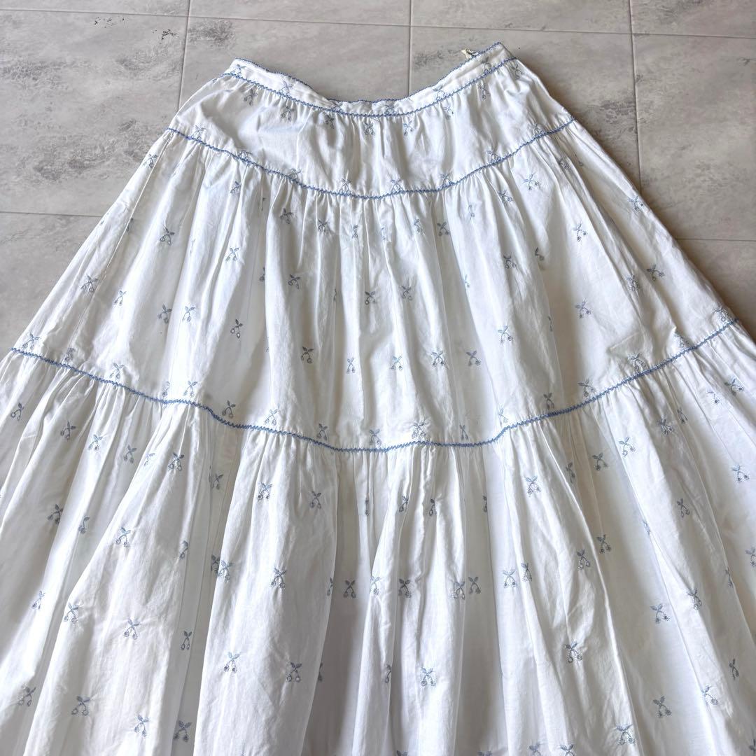 【極美品】ピンクハウス さくらんぼ刺繍 ロングフレアスカート コットン レース