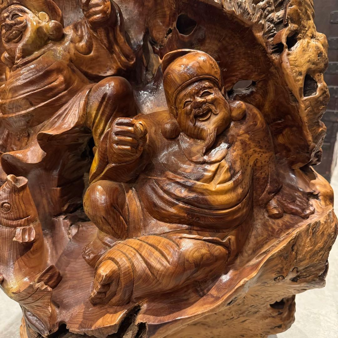 天然木 極上一刀彫 七福神 大黒天 恵比寿 大黒様 恵比寿様 大型 置物 縁起物