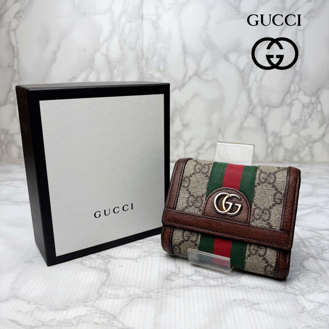 01 美品 GUCCI シェリーライン プチマーモント 三つ折財布 ux2