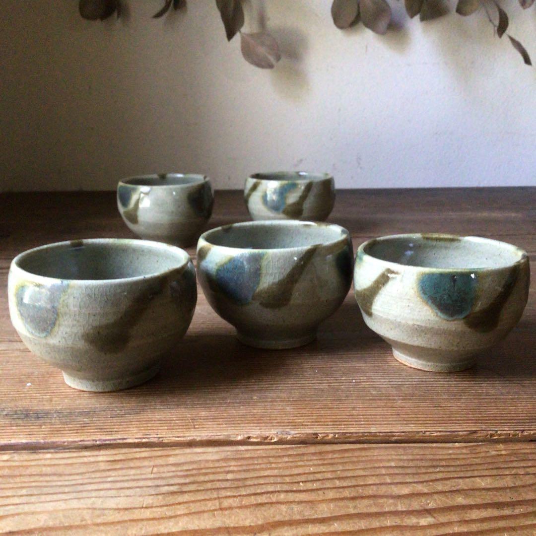No3642二彩釉　煎茶碗5客　茶道具　湯呑　汲出　益子　陶磁器　民藝　送料無料