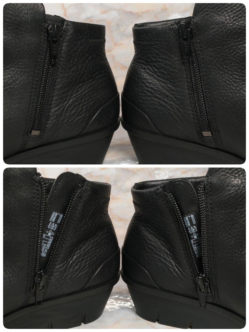 美品 ECCO 本革 ショートブーツ サイドジップ シボ革 黒 38