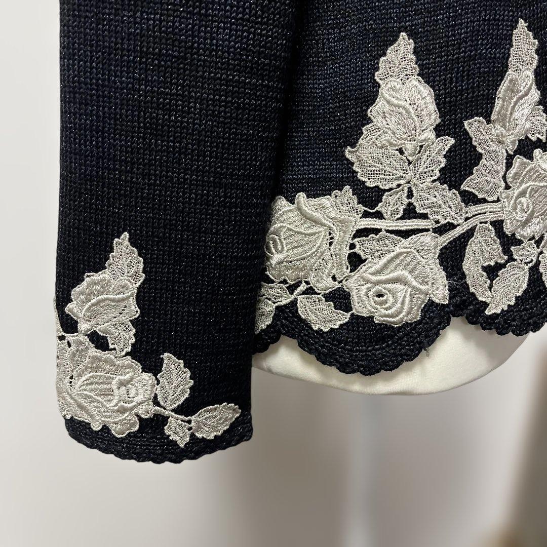 希少【ソワレドヒロミ】ハンドメイド バラ刺繍 ニットカーディガン 絹混 M 黒