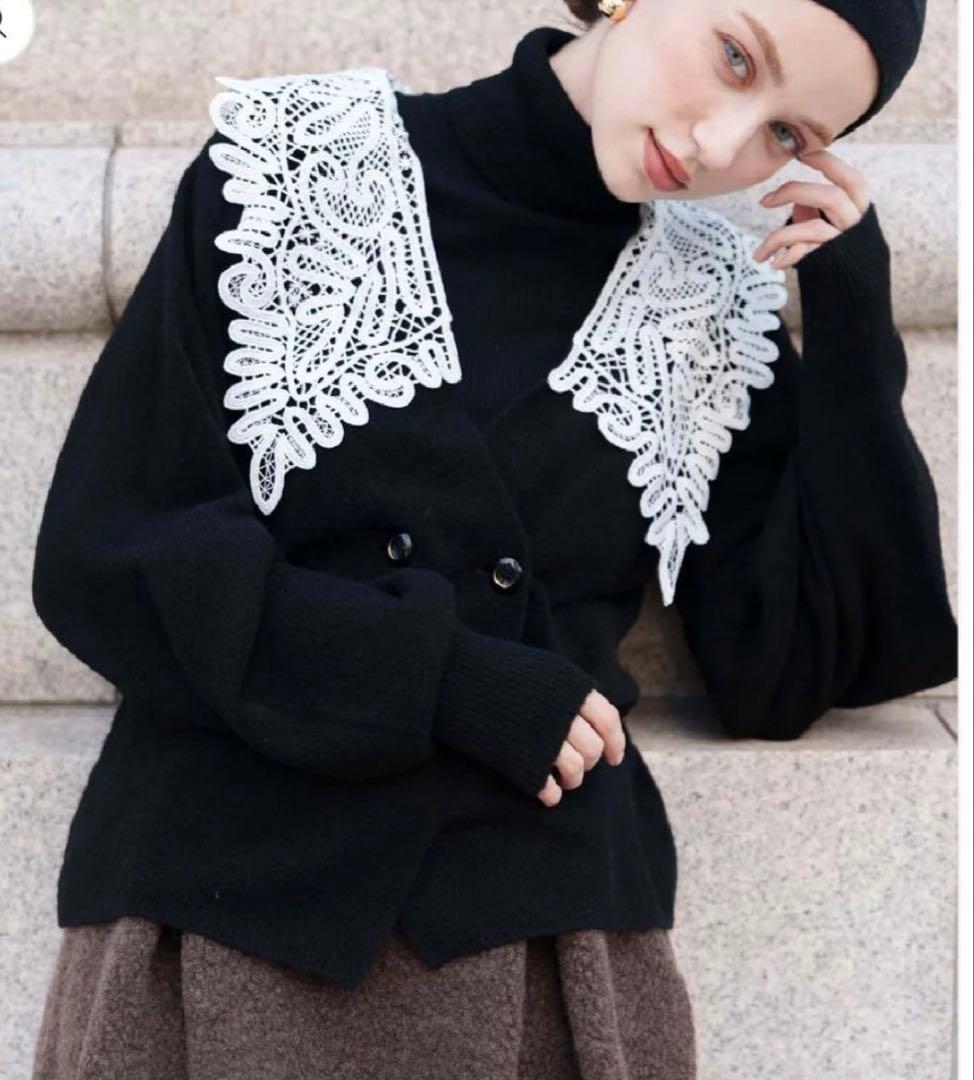 acka lace collar knit cardigan 黒