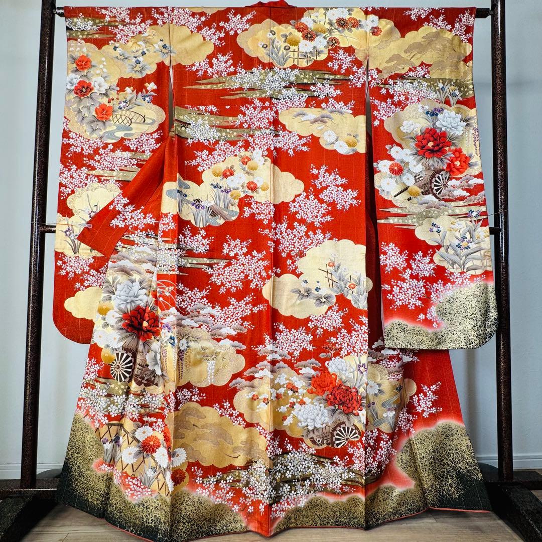 超美品　袷　広襟　振袖　現代　振袖　成人式　着物　橙　金　全通し　165裄68