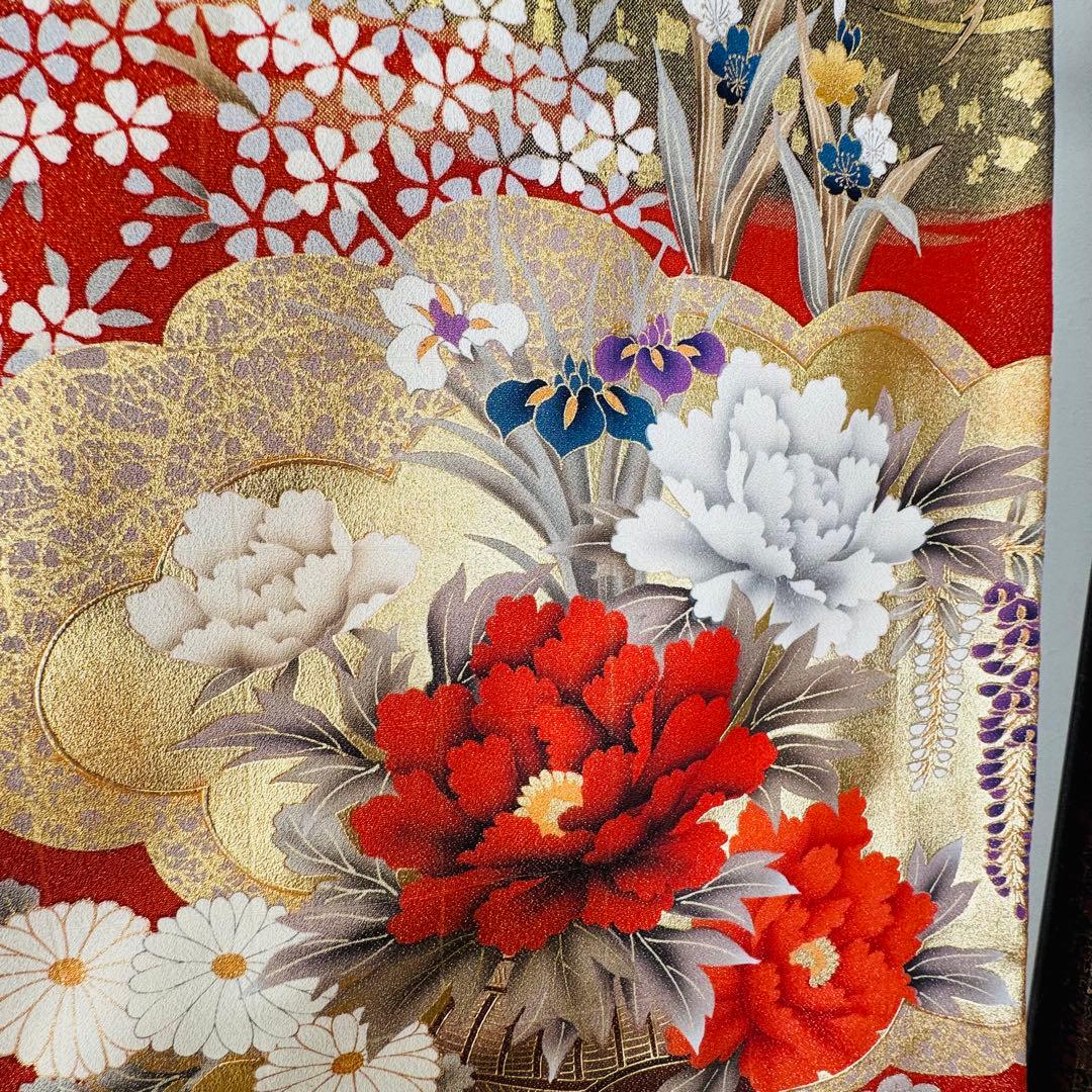 超美品　袷　広襟　振袖　現代　振袖　成人式　着物　橙　金　全通し　165裄68