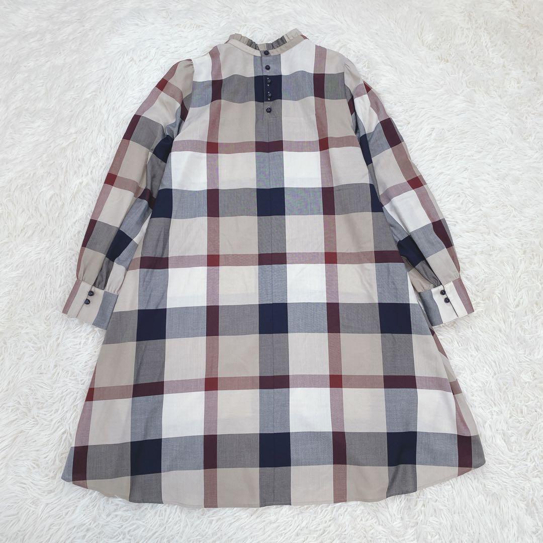 美品 ブルーレーベルクレストブリッジ チェック柄ワンピース フリル襟 春ワンピ