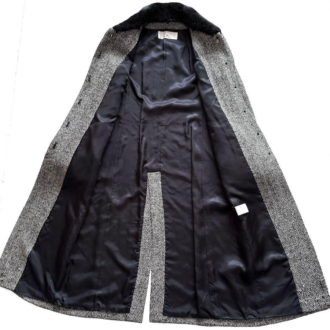 KARL LAGERFELD ロングコート マキシ丈 ヘリンボーン ファー付き