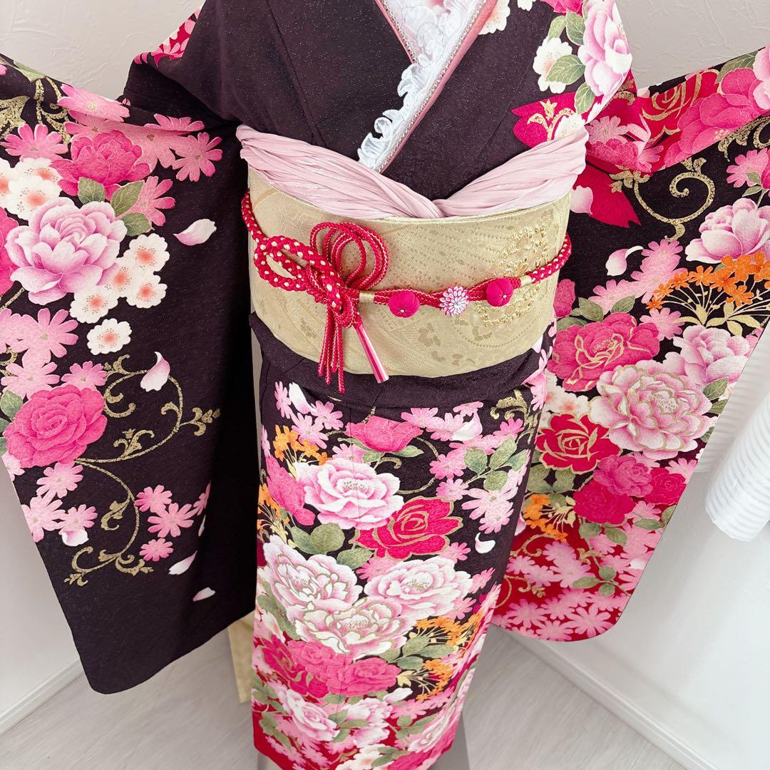 新品 豪華正絹振袖フルセット　薔薇 大輪 ラメ加工 刺繍 姫　成人式に！！