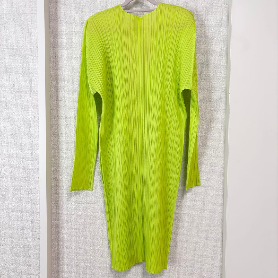 美品　プリーツプリーズ　近年モデル　ロングカーディガン　ポケット付　黄緑　5