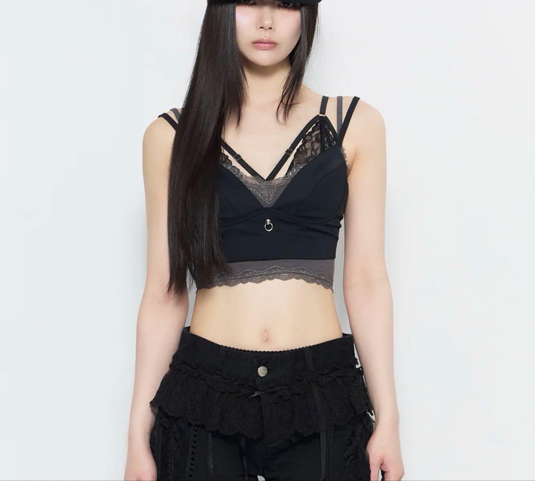 THEREDTHREAD lace trim layer cami ブラック
