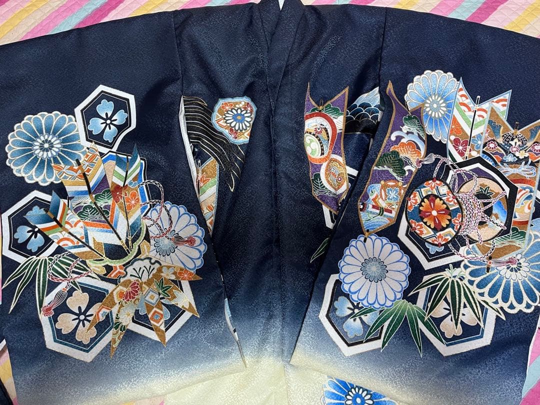 お宮参り用 男の子用産着 伝統的着物 黒地 鷹刺繍