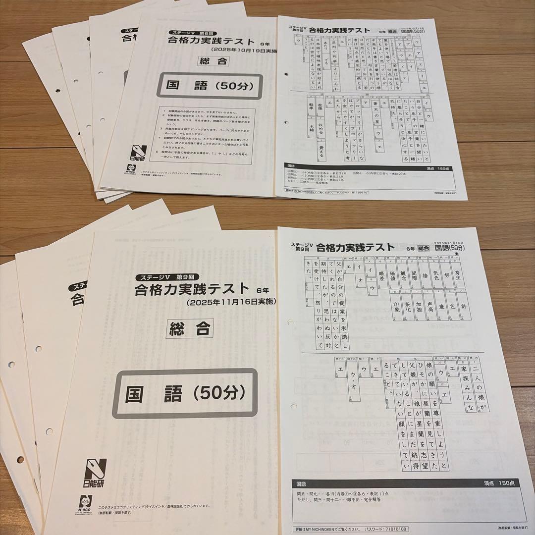 25年度日能研6年合格力実践テスト（難関）、合格力育成テスト（総合）計全12回分