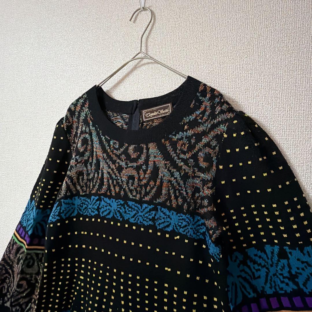【斎藤都世子】Toyoko Saito ニットワンピース 総柄　青　黒　ラメ