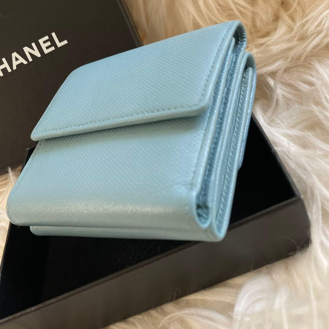 正規品 シャネル CHANEL 三つ折り 財布 ココボタン ブルー