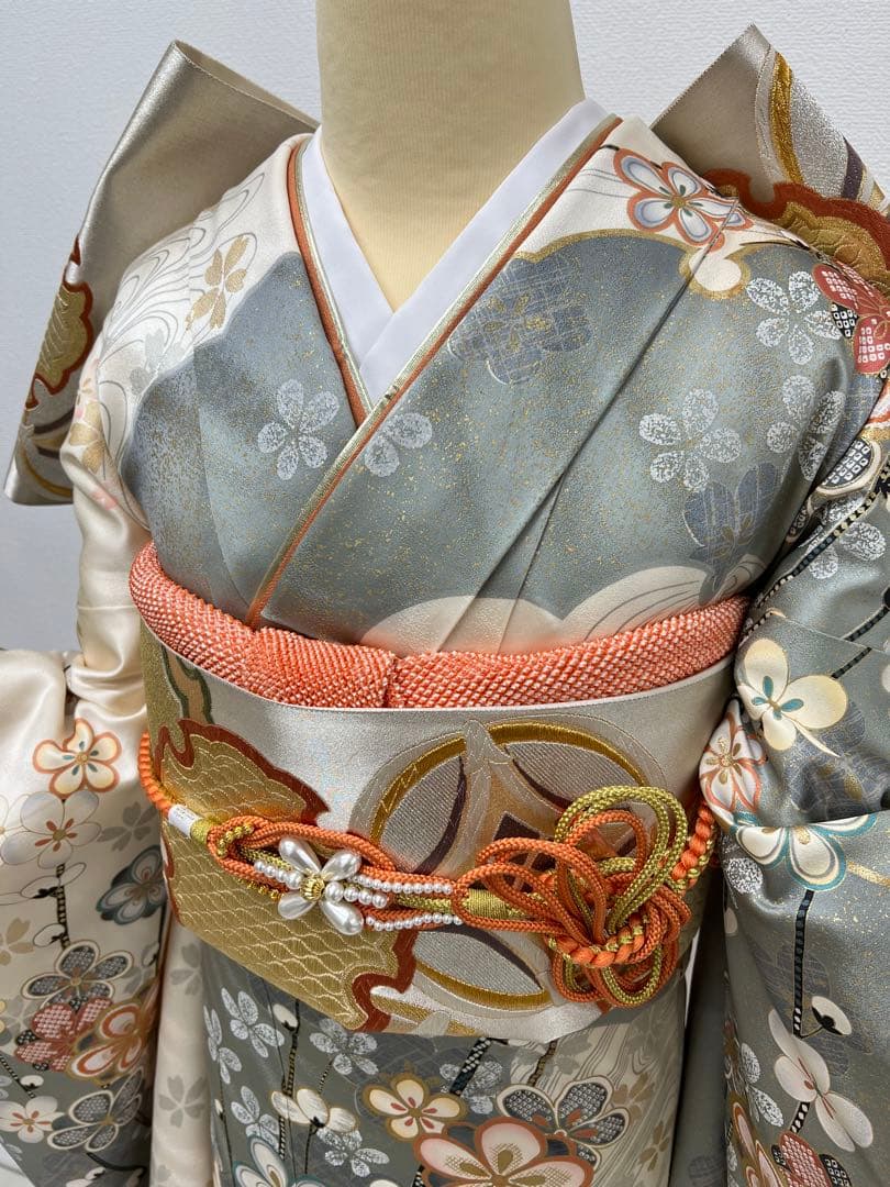 振り袖　フルセット　長襦袢　金彩加工　刺繍入り　白　桜　梅　成人式　839