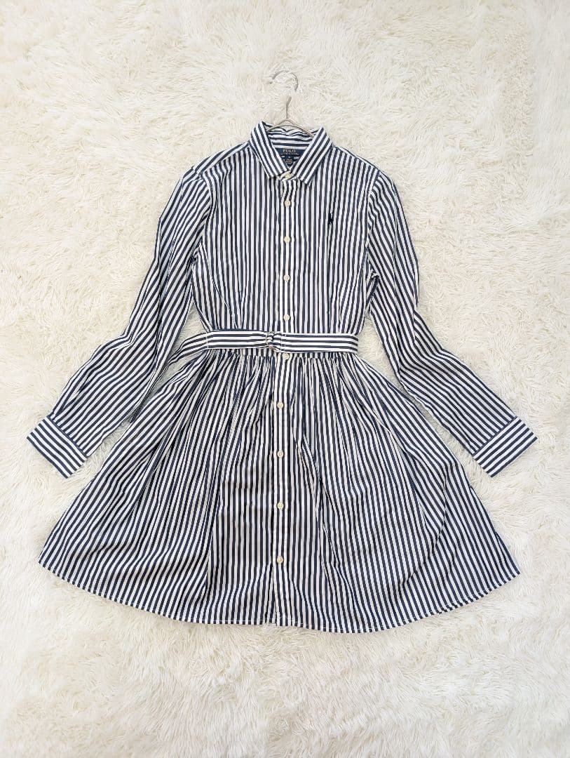 美品✨️ポロ ラルフローレン ストライプ 長袖 シャツワンピース ネイビー