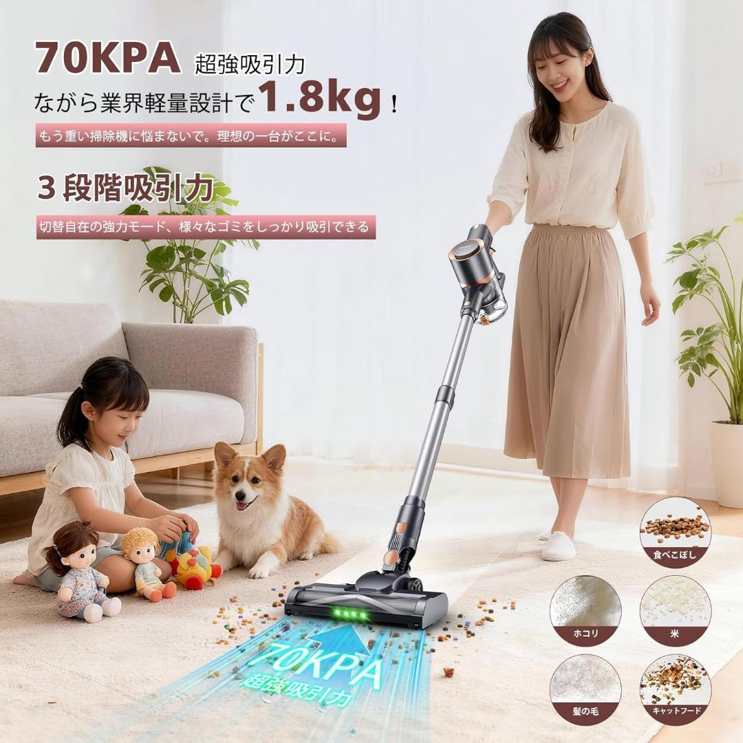 掃除機 コードレス　65Kpa真の超強力吸引＆同クラス最軽量　55分連続稼働