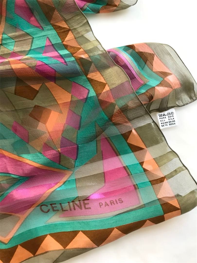 【超希少】CELINE オールドセリーヌ 美品 シルク 大判ストール 幾何学模様