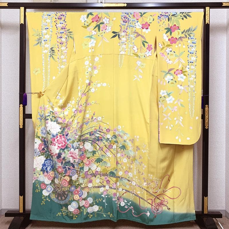 504z21〇作家物 友禅 中振袖 花車 牡丹 藤 黄色〇美品 成人式 結婚式