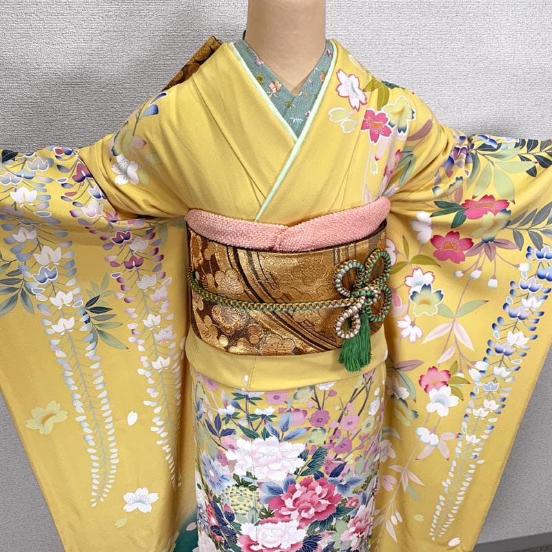 504z21〇作家物 友禅 中振袖 花車 牡丹 藤 黄色〇美品 成人式 結婚式