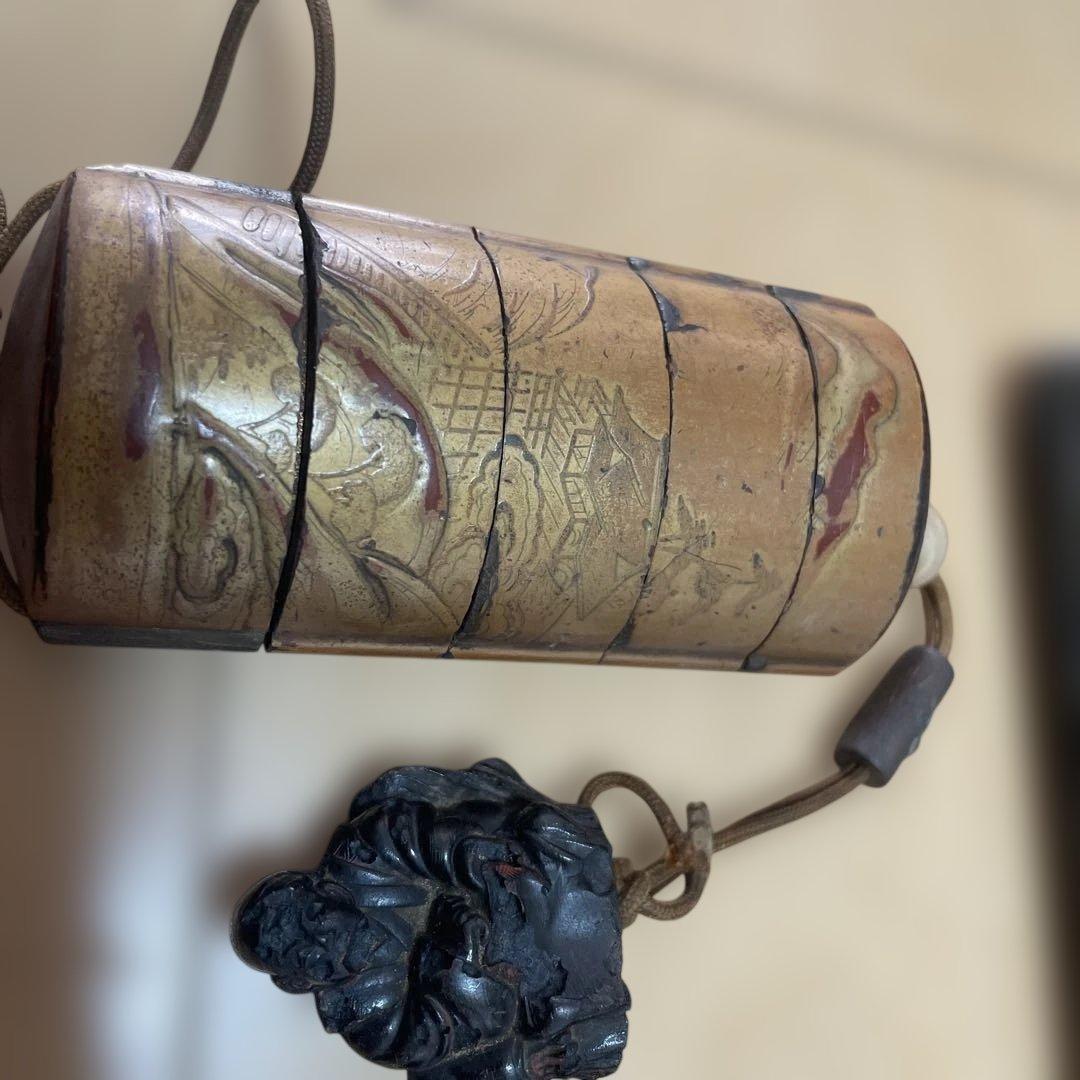 東*堂様 江戸時代　五段印籠　金蒔絵　清水寺図　締め玉 玉川作　純金金具付　煙管