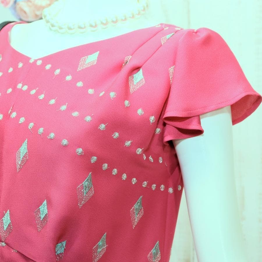 TOCCA ドレープ総柄ドレス M ローズピンク フレア ベルスリーブ 半袖