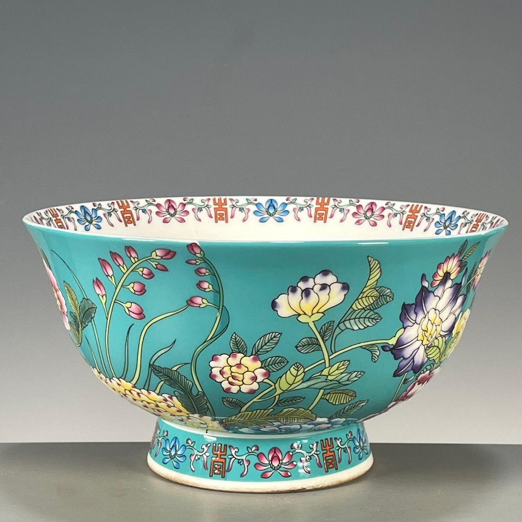 緑地琺瑯彩花碗 茶碗 景徳鎮 陶磁器 装飾品 現代工芸品 美術品 置物