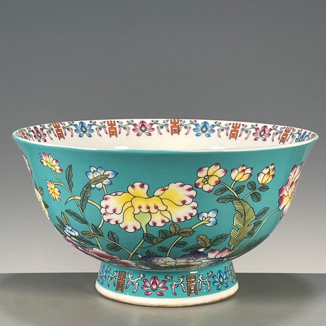 緑地琺瑯彩花碗 茶碗 景徳鎮 陶磁器 装飾品 現代工芸品 美術品 置物