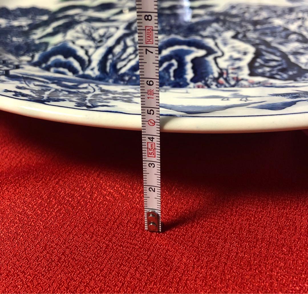 青白い風景画の陶器平皿　装飾皿　大皿42センチ