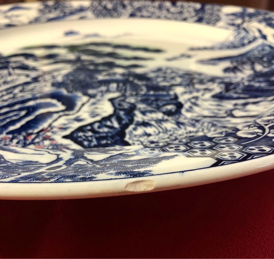 青白い風景画の陶器平皿　装飾皿　大皿42センチ