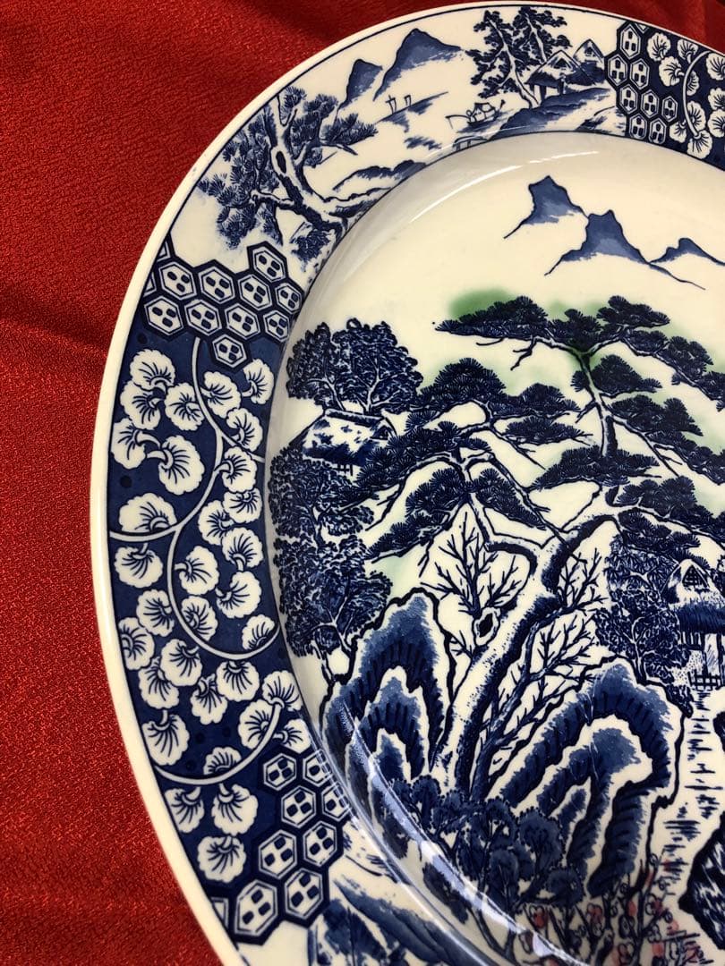 青白い風景画の陶器平皿　装飾皿　大皿42センチ