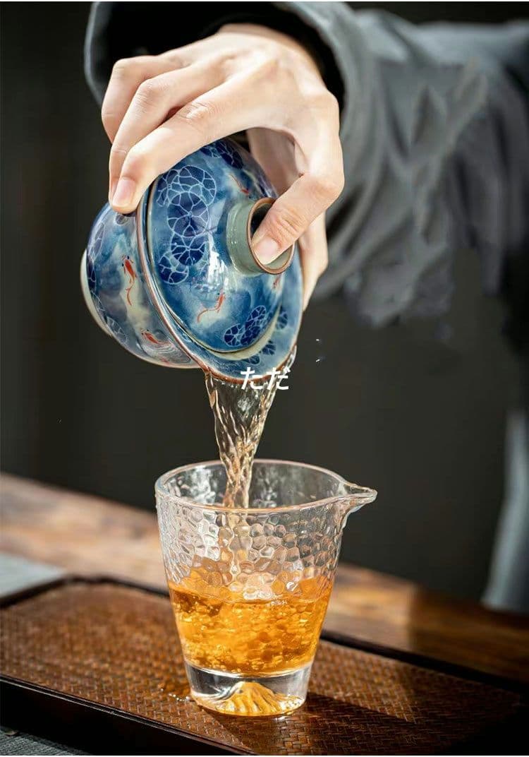 魚戯荷塘陶泥三才蓋碗 中国茶器 景徳镇 蓋付き茶器 飲茶食器 煎茶具 未使用品