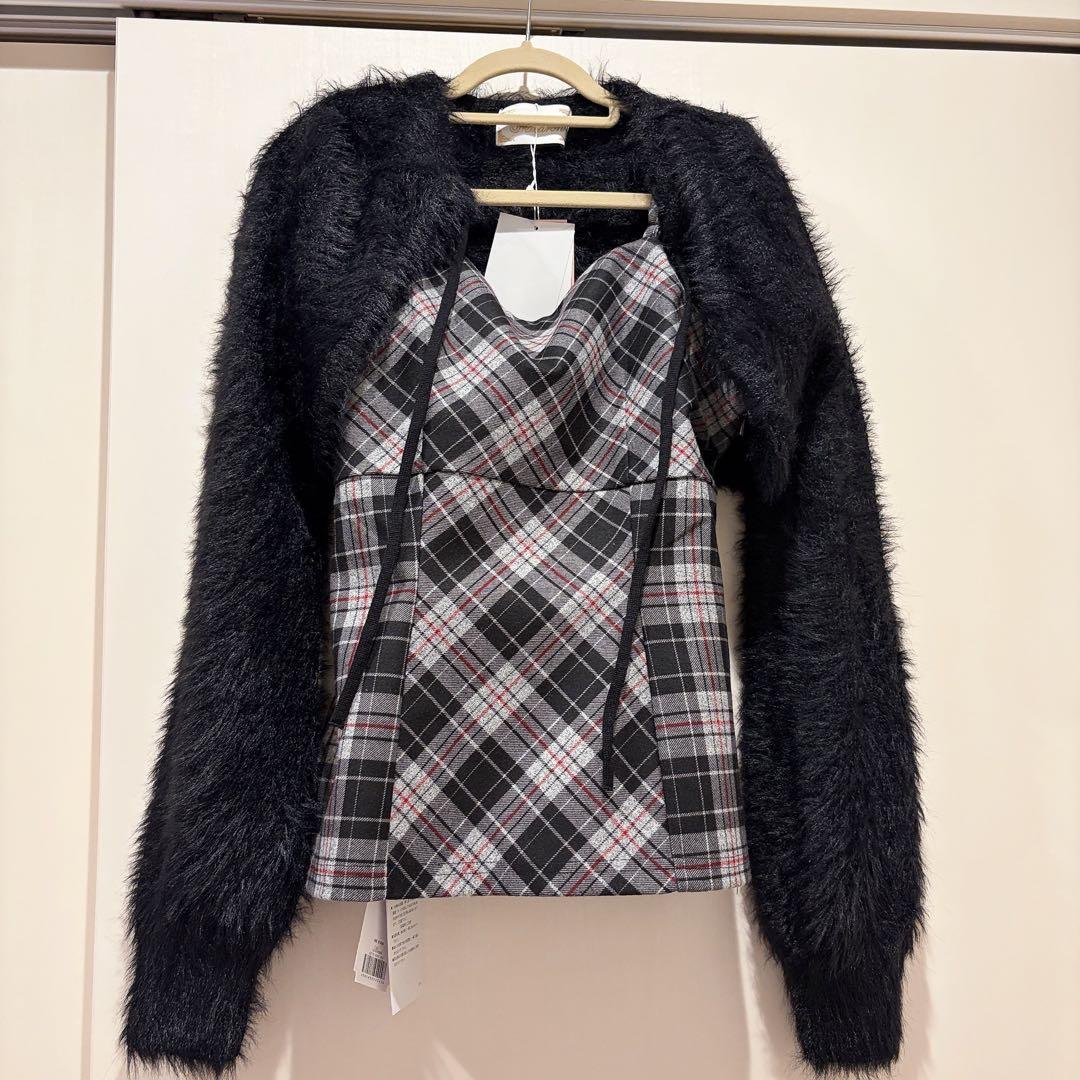 ミシェルマカロン シャギーボレロsetチェックトップス
