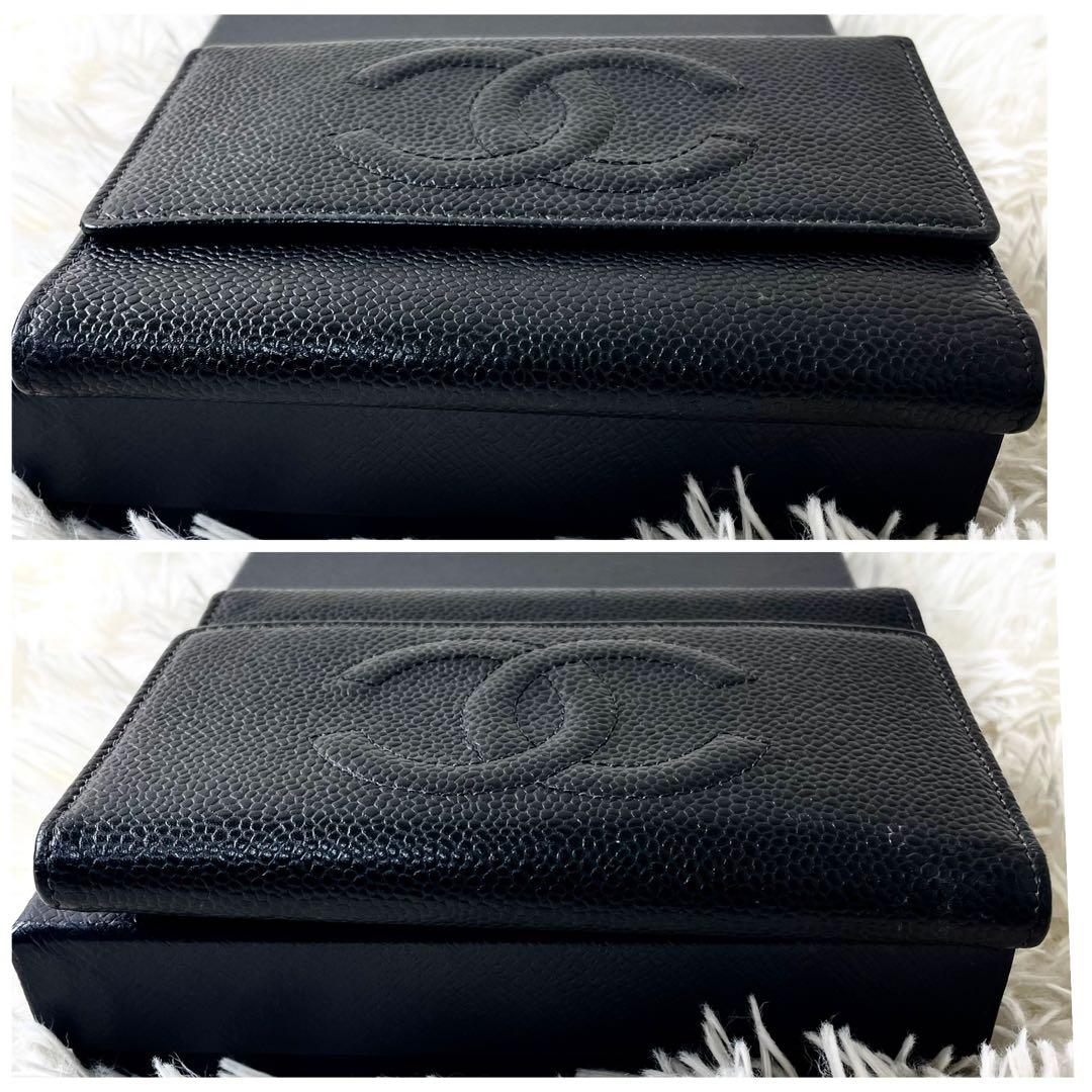 シャネル　CHANEL 三つ折り財布　ココマーク　ブラック　黒　レザー