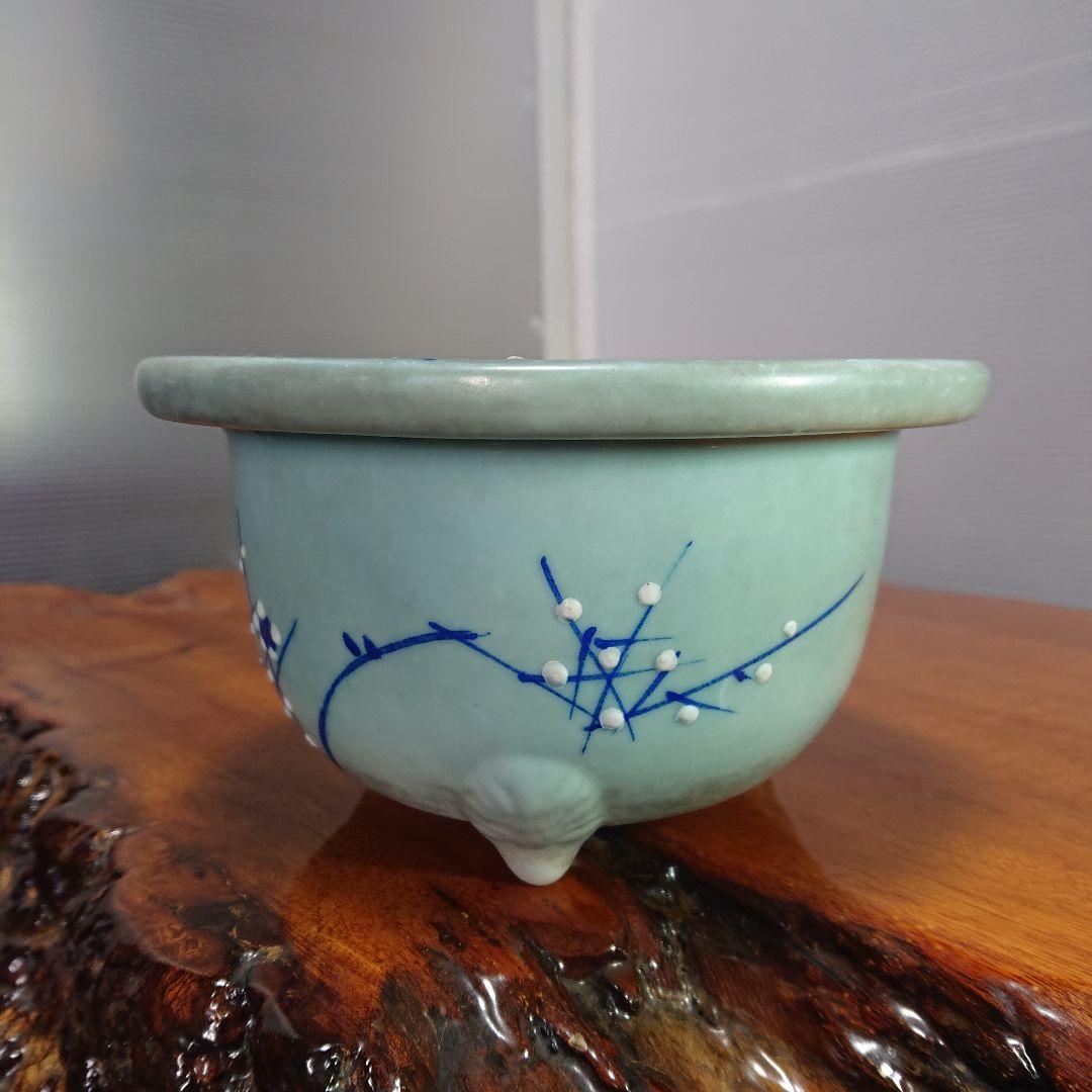 陶器製 青磁染付 梅図 尾張焼 瀬戸焼 三足 盆栽鉢 蘭鉢 bonsai