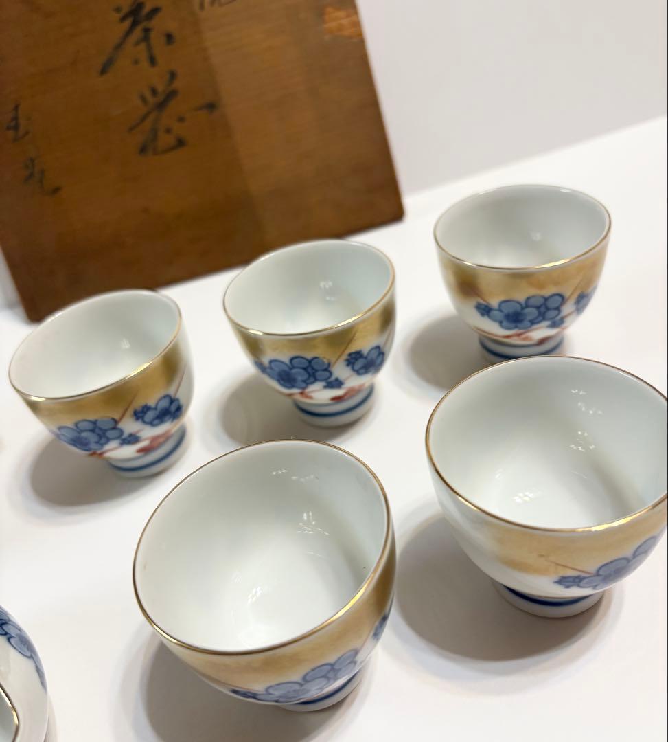 九谷焼 玉苑 小茶器 煎茶器 急須 湯冷まし 茶碗 金彩梅文 陶芸 木箱
